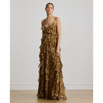 Ralph Lauren Python-print Ruffle-trim Georgette Gown In Tan Multi In Tan Multi