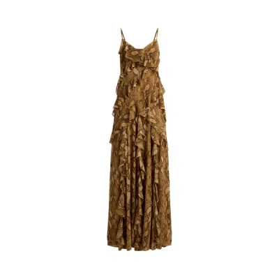 Ralph Lauren Python-print Ruffle-trim Georgette Gown In Tan Multi In Tan Multi