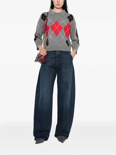Pinko Argyle-pattern Collared Sweater In Gray