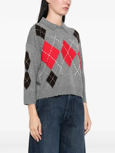 Pinko Argyle-pattern Collared Sweater In Gray