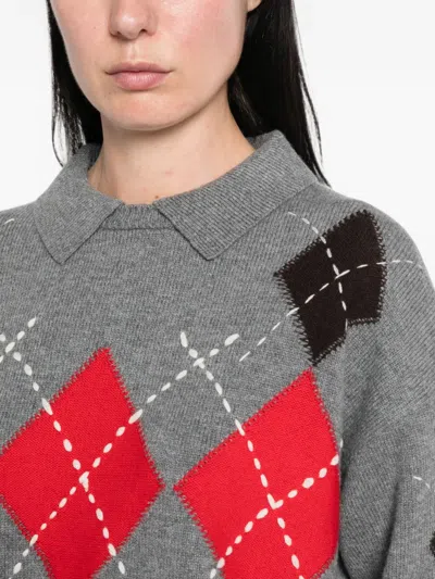 Pinko Argyle-pattern Collared Sweater In Gray