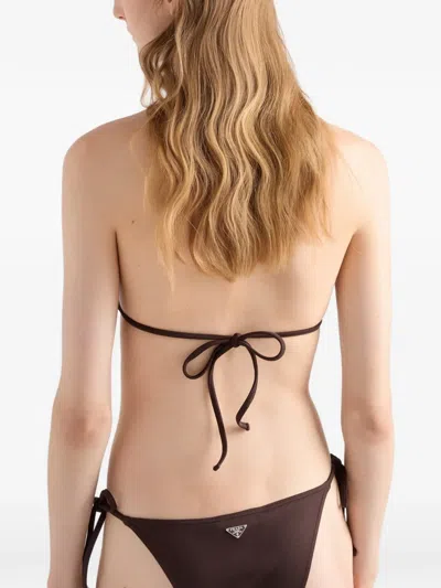 Prada Interlock Fabric Triangle Bikini Top In Brown
