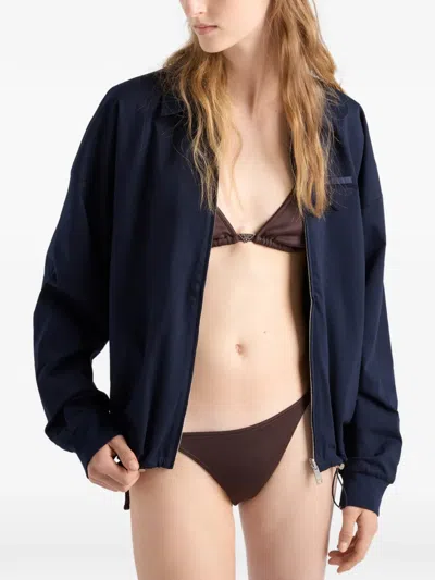 Prada Interlock Fabric Triangle Bikini Top In Brown