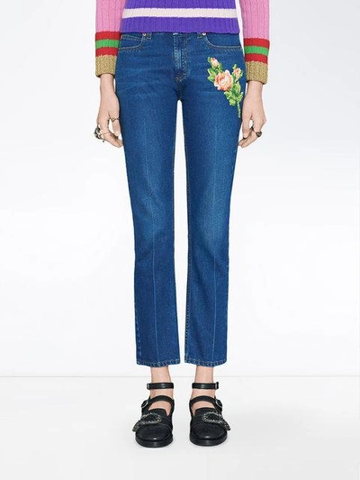 Shop Gucci Embroidered Jeans In Blue