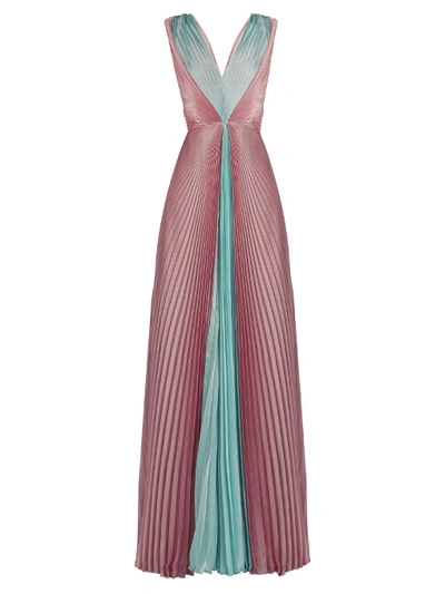 Luisa Beccaria V-neck Pleated Chiffon Dress In Pink Multi