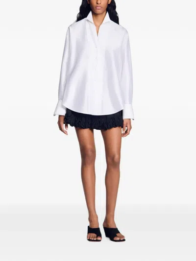 Sandro Womens White Oversized Pointed-lapel Silk Shirt In White