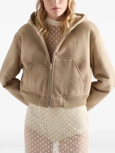 Prada Hooded Shearling Jacket In Neutral