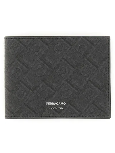 Ferragamo Rectangular Wallet With Textured Monogram And Centered Logo In Purple