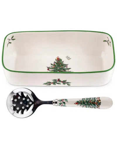 Spode Christmas Tree Cranberry Server With Slotted Spoon In Green