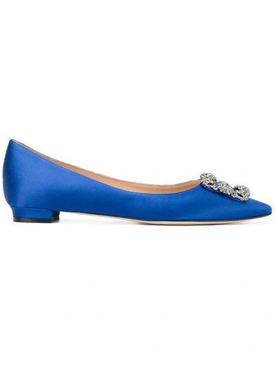 Manolo Blahnik Hangisi Crystal-embellished Satin Point-toe Flats In Blue