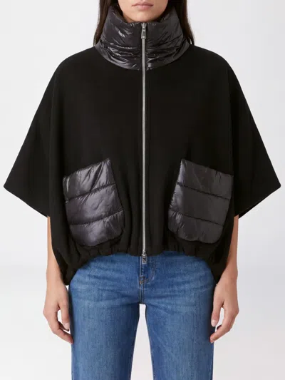 Herno Women Resort Poncho In Wool And Cashemre With Ultralight Nylon Details In Black