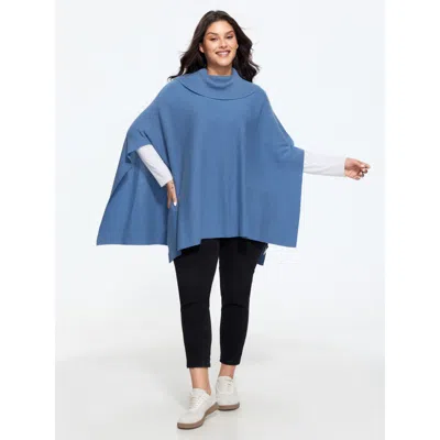 Bloomchic Cowl Collar Asymmetric Hem Loose Poncho Pullover In Mediumblue
