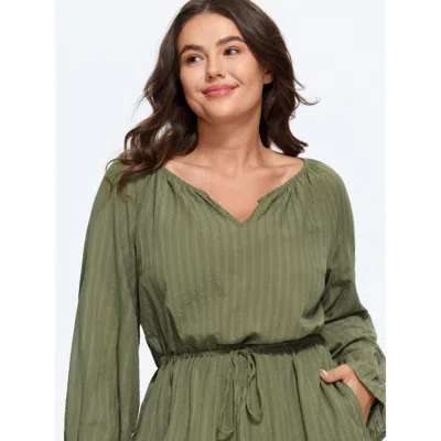 Bloomchic Textured Stripe Drawstring Waist Pocket Romper In Olive