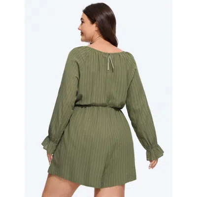 Bloomchic Textured Stripe Drawstring Waist Pocket Romper In Olive