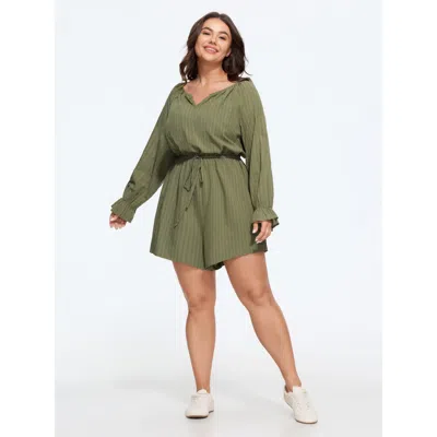 Bloomchic Textured Stripe Drawstring Waist Pocket Romper In Olive