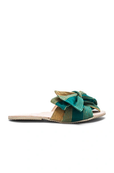 Brother Vellies Burkina Bow-embellished Canvas Slides In Green,stripes