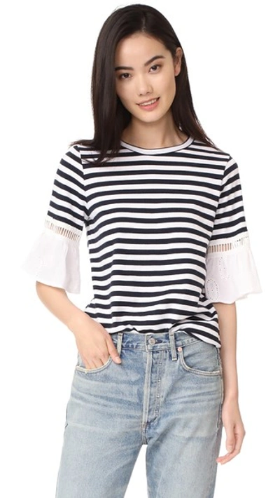 Clu Broderie Anglaise-trimmed Striped Cotton-jersey T-shirt In Navy