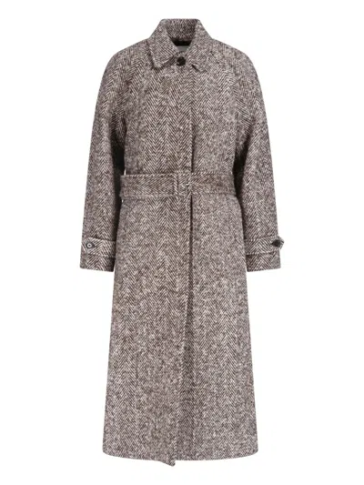 Lardini Herringbone Wool Belted Long Coat In Gray