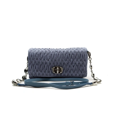 Miu Miu Women&#39;s Faille Fabric Calf Leather Crystal Clutch Handbag Purse Blue'