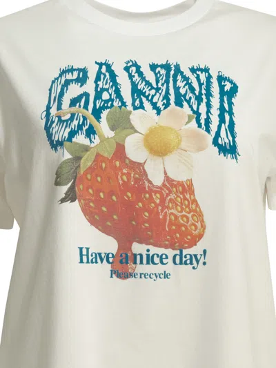 Ganni Womens Bright White Jersey Strawberry Printed Round-neck Cotton-jersey T-shirt In White