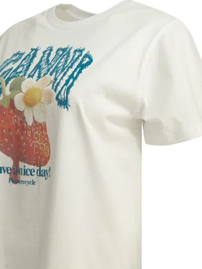 Ganni Womens Bright White Jersey Strawberry Printed Round-neck Cotton-jersey T-shirt In White