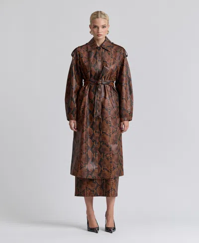 Avec Les Filles Women's Button-front Spread Collar Maxi Coat In Brown,black,python