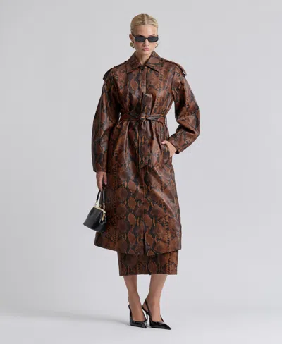 Avec Les Filles Women's Button-front Spread Collar Maxi Coat In Brown,black,python