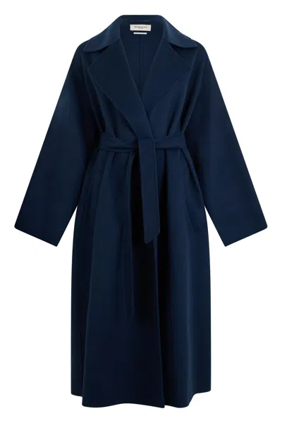 Weekend Max Mara Long Virgin Wool Belted Lapel Coat In Blue
