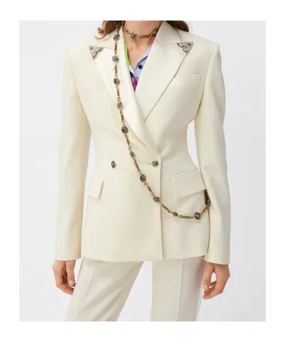 Versace Stretch Wool Blazer With Embroidered Lapels In White