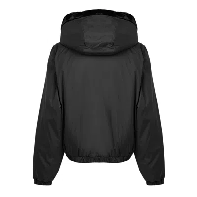 Moose Knuckles Cropped Black Faux Fur Jacket With Plush Hood And Zippered Pockets In Black