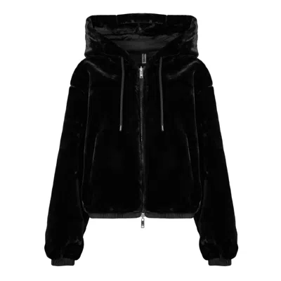 Moose Knuckles Cropped Black Faux Fur Jacket With Plush Hood And Zippered Pockets In Black