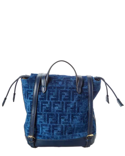 Fendi Ff Flocked Denim & Leather Backpack In Blue