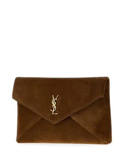 Saint Laurent Brown Suede Large Envelope Clutch In Brown