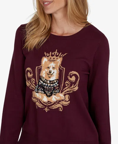 Ruby Rd. Petite Corgi-graphic Scoop Neck Pullover In Burgundy