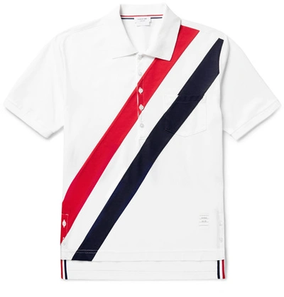 Shop Thom Browne Striped Cotton-piqué Polo Shirt