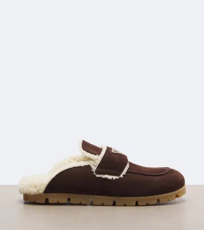 Prada Shearling-lined Suede Mules In Brown