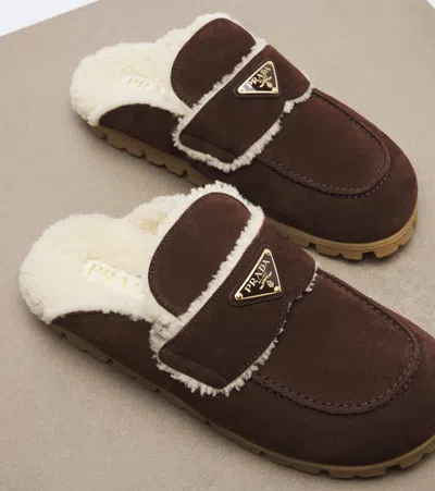Prada Shearling-lined Suede Mules In Brown