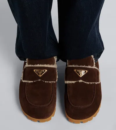 Prada Shearling-lined Suede Mules In Brown