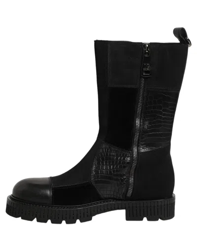 Dolce & Gabbana Patchwork Leather Mid-calf Boot In Black