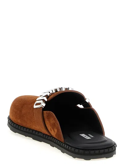 Moschino Suede Open Toe Flat Sole Slides In Brown