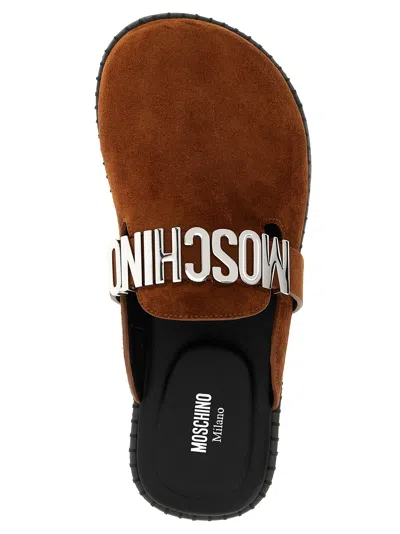 Moschino Suede Open Toe Flat Sole Slides In Brown