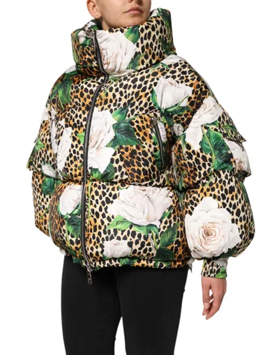 Dolce & Gabbana Multicolor Leopard Rose Puffer Quilted Jacket In Multi