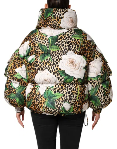 Dolce & Gabbana Multicolor Leopard Rose Puffer Quilted Jacket In Multi