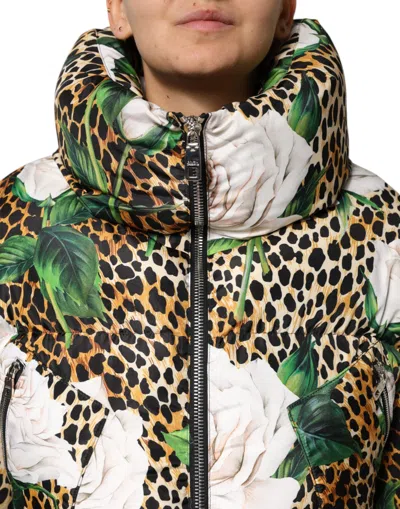 Dolce & Gabbana Multicolor Leopard Rose Puffer Quilted Jacket In Multi