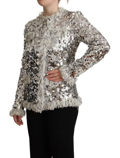 Dolce & Gabbana Silver Sequined Shearling Long Sleeves Jacket In Silver