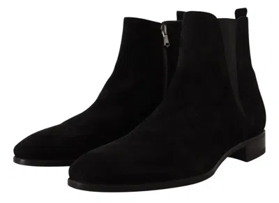 Dolce & Gabbana Black Leather Fur Men Chelsea Boots Shoes In Black