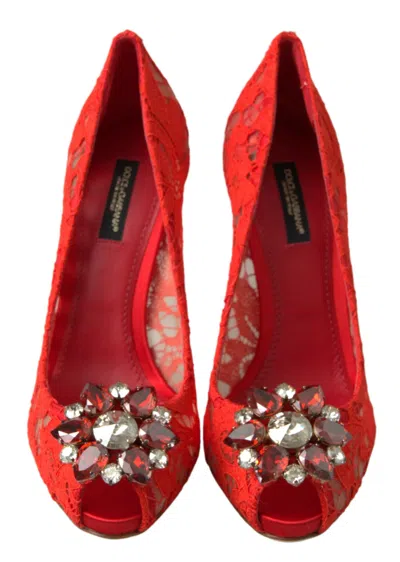 Dolce & Gabbana Taormina Lace Crystal-embellished Heeled Pumps In Red