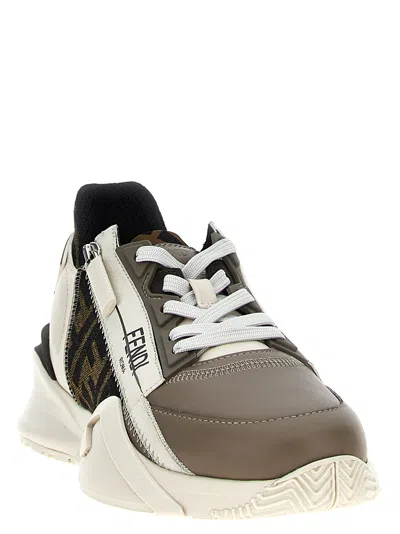 Fendi Flow Leather And Jacquard Fabric Sneakers With Zip In Multi