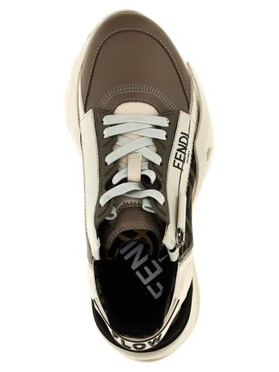 Fendi Flow Leather And Jacquard Fabric Sneakers With Zip In Multi