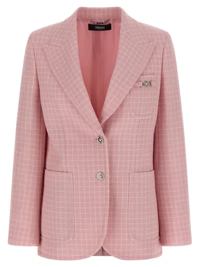 Versace Check Blazer Jacket Buttoned Cuffs Notch Lapel In Pink